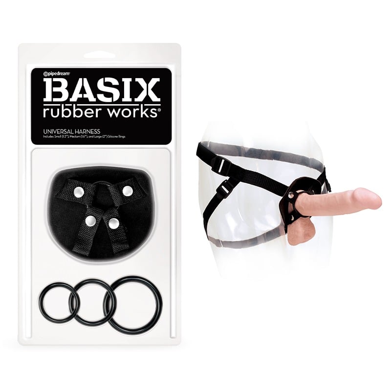 Pipedream Basix Rubber Works Universal Harness O/S Black - Adjustable Strap-On Compatibility with Silicone Rings